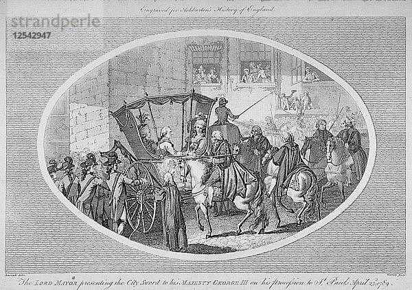 Der Oberbürgermeister überreicht das Stadtschwert an König Georg III. in Temple Bar  London  1789 (1791). Künstler: AW Warren