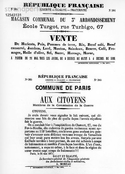 Vente  von französischen politischen Plakaten der Pariser Kommune  Mai 1871. Künstler: Unbekannt