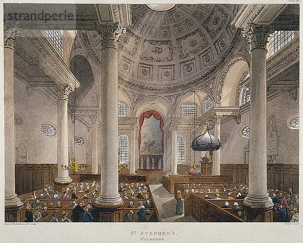 Innenraum der Kirche St. Stephen Walbrook während eines Gottesdienstes  City of London  1809. Künstler: Augustus Charles Pugin