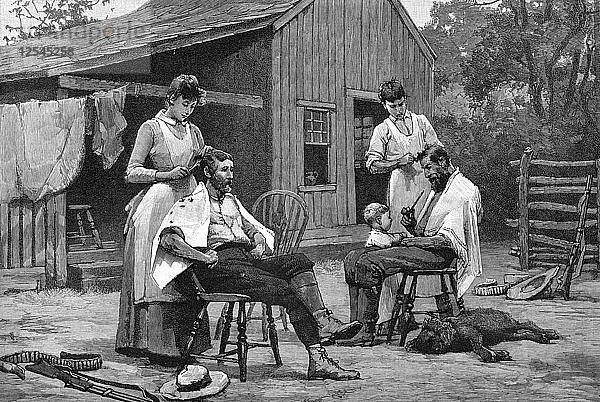 Eine der Pflichten einer Dame - Haarschneiden en famille  1889. Künstler: Unbekannt
