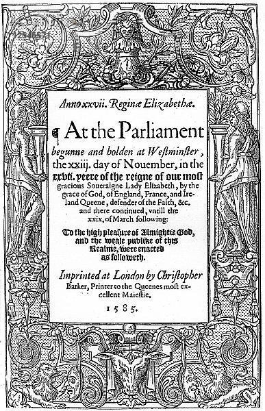 Titelblatt der Acts of Parliament  1585  (1893). Künstler: Unbekannt