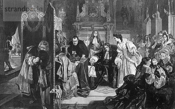 König Jakob II. (1633-1701) empfängt die Nachricht von der Landung des Prinzen von Oranien  1890  Künstler: Edward Matthew Ward