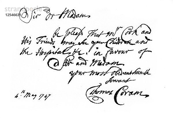 Eine Notiz von Thomas Coram  dem Gründer des Findelhauses  1747  (1840). Künstler: Thomas Coram