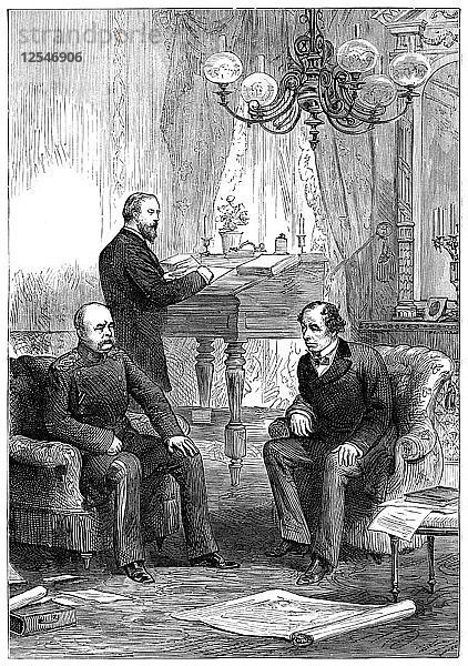Benjamin Disraeli (1804-1881) bei einem Treffen mit Otto von Bismarck (1815-1898)  Berlin  1878. Künstler: Unbekannt