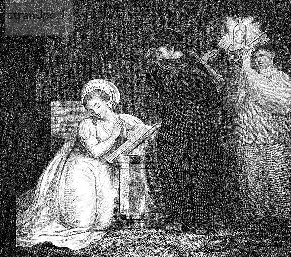 Um Lady Grey zum römischen Glauben zu bekehren  vor ihrer Hinrichtung  1798 Künstler: J Ogborne