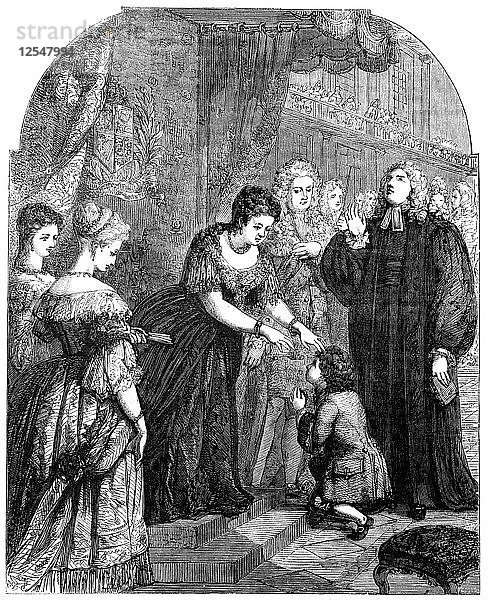 Königin Anne (1665-1714) berührt den jungen Samuel Johnson wegen des Übels. Künstler: Unbekannt