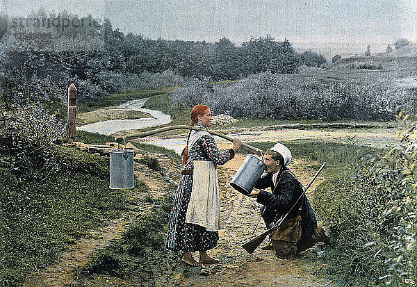 Ein Jäger nimmt einen Drink von einer jungen Frau  Russland  um 1890. Künstler: Gillot
