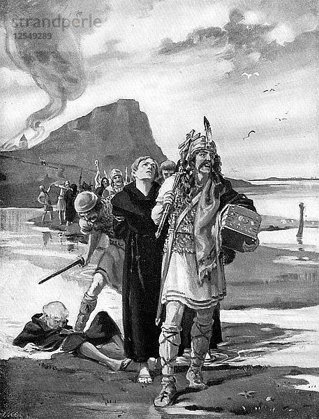 Die Plünderung von Lindisfarne  Northumberland  793 n. Chr.  (um 1920). Künstlerin: Margaret Dovaston