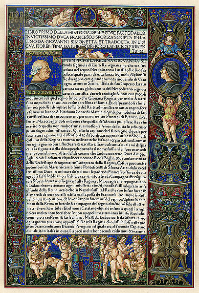 Textseite mit Porträts von Francesco Sforza  1490. Künstler: Unbekannt