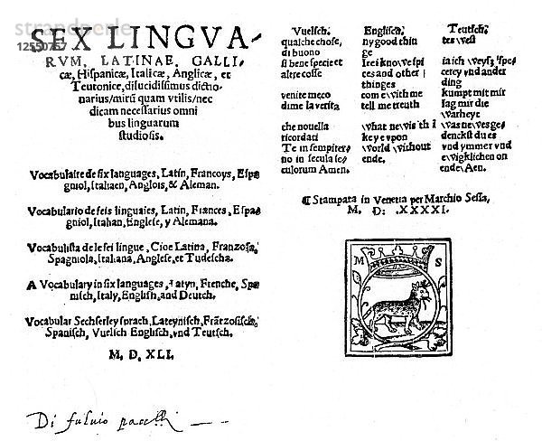 Hexaglot-Wörterbuch für Reisende  1541  (1901). Künstler: Melchiorre Sessa