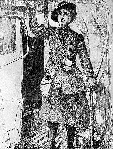 Der Krieg zu Hause: Busschaffnerin  1917  (um 1920). Künstler: Archibald Standish Hartrick