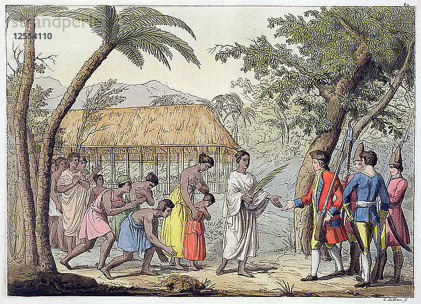 Kapitän Samuel Wallis wird von Königin Oberea auf der Insel Tahiti empfangen  1767 (19. Jahrhundert). Künstler: Gallo Gallina