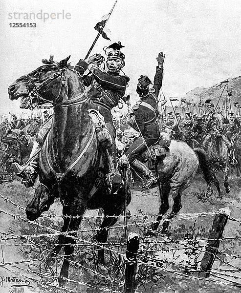 Uhlans kontrolliert durch Stacheldraht bei Lüttich  Belgien  Erster Weltkrieg  1914. Künstler: Unbekannt