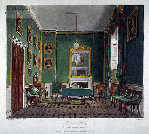 Innenansicht des grünen Kämmerchens im Buckingham House  Westminster  London  1819. Künstler: Daniel Havell