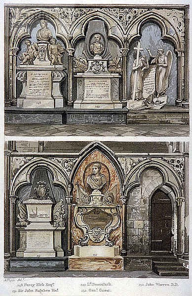 Monumente im westlichen Seitenschiff des nördlichen Querschiffs von Westminster Abbey  London  1812. Künstler: Augustus Charles Pugin