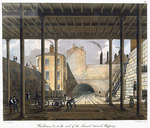 Lagerhäuser usw. am Ende des Tunnels in Richtung Wapping  Liverpool  1832-1833. Künstler: SG Hughes