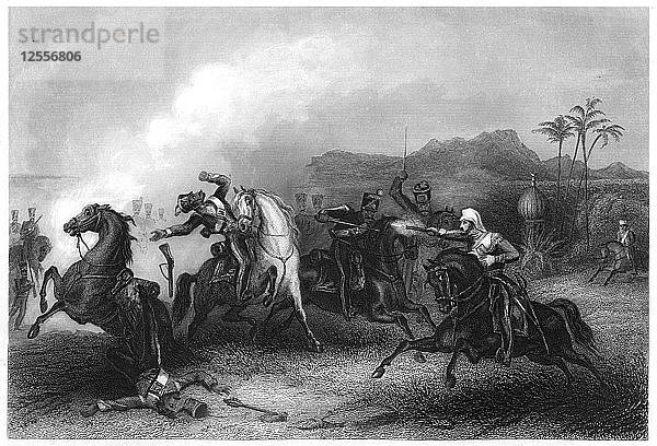 Zusammentreffen zwischen Leutnant Hills und einer Einheit der Sepoy-Kavallerie  1857  (um 1860). Künstler: Unbekannt