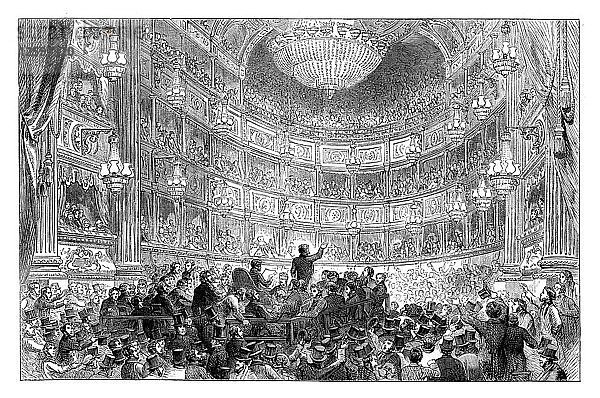 Eine Versammlung der Anti-Corn Law League im Drury Lane Theatre  London  1838 (um 1895). Künstler: Unbekannt