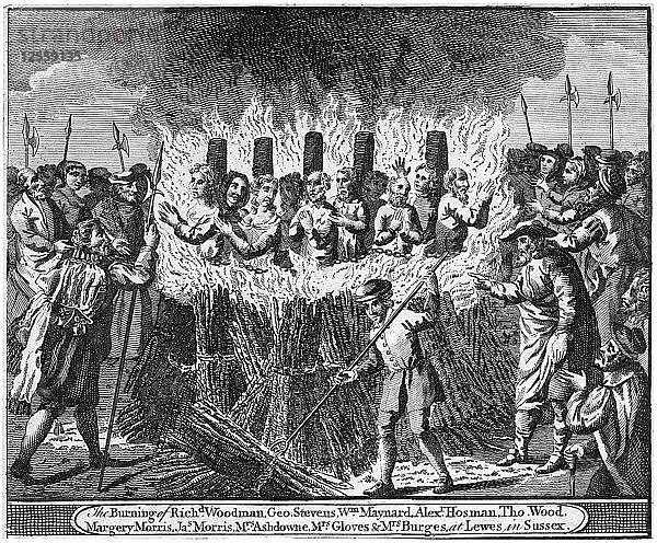 Die Verbrennung von Richard Woodman und neun weiteren protestantischen Märtyrern in Lewes in Sussex. Künstler: Unbekannt