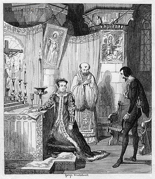 Königin Maria verlobt sich auf Veranlassung von Simon Renard mit Philipp von Spanien  1840. Künstler: George Cruikshank