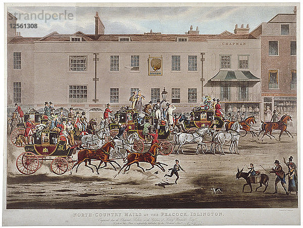 Postkutschen vor dem Peacock Inn in der Islington High Street  London  1823. Künstler: Thomas Sutherland