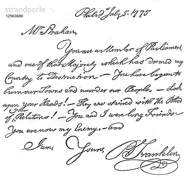 Faksimile eines Briefes von Benjamin Franklin an Herrn Strahan  1775 (um 1880). Künstler: Unbekannt