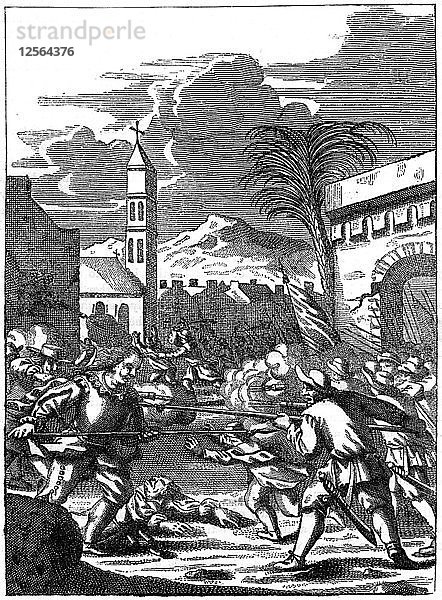 Plünderung von Puerto Principe  Hispaniola  durch Kapitän Morgan  1667 (um 1880). Künstler: Unbekannt