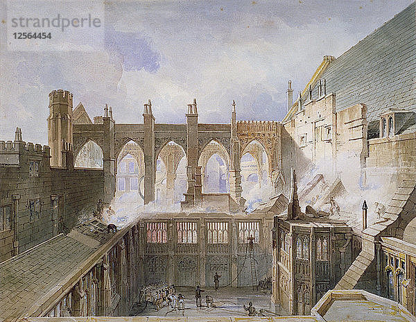 Blick auf die Zerstörung der St. Stephens Chapel  Palace of Westminster  London  1834 Künstler: John Taylor