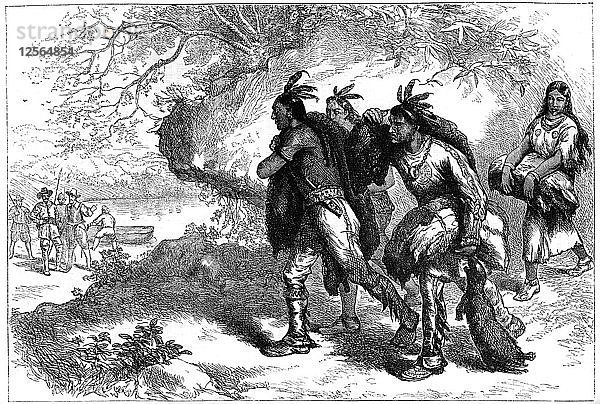 Amerikanische Ureinwohner bringen Biberfelle zu europäischen Händlern  17. Jahrhundert (um 1880). Künstler: Unbekannt
