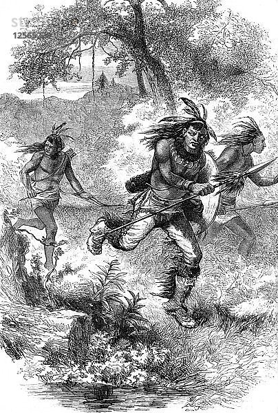 Flucht der amerikanischen Ureinwohner nach einem Massaker an Siedlern  17. Jahrhundert (um 1880). Künstler: Unbekannt