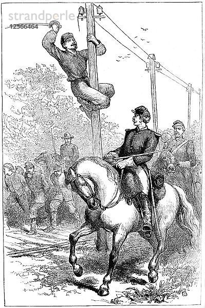 Stuarts Kavallerie schneidet Telegrafendrähte durch  Amerikanischer Bürgerkrieg  ca. 1861-1864 (ca. 1880). Künstler: Unbekannt