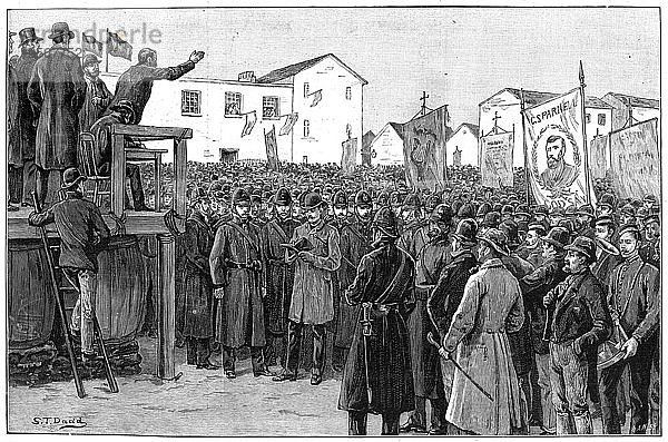 Polizisten bewachen einen Regierungsreporter bei einer Wahlkampfveranstaltung  Irland  1887. Künstler: Unbekannt