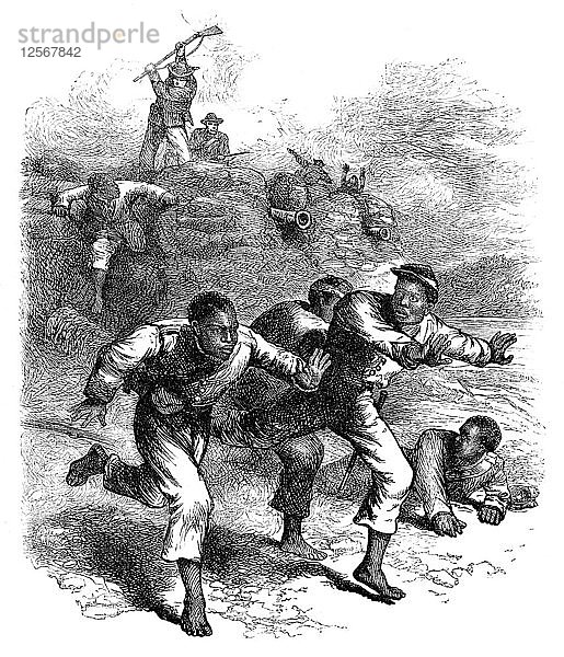 Flucht von schwarzen Unionssoldaten aus Fort Pillow  Tennessee  Amerikanischer Bürgerkrieg  1864 (um 1880). Künstler: Unbekannt