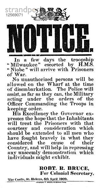 Mitteilung über die Ankunft von Kriegsgefangenen der Buren auf der Milwaukee  St. Helena  5. April 1900. Künstler: Unbekannt