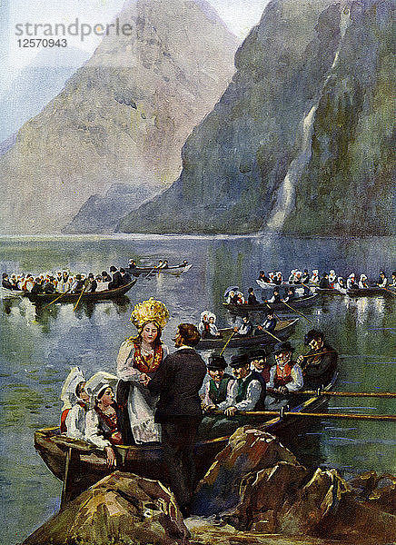 Eine Hochzeitsprozession auf Booten  Norwegen. Künstler: Unbekannt