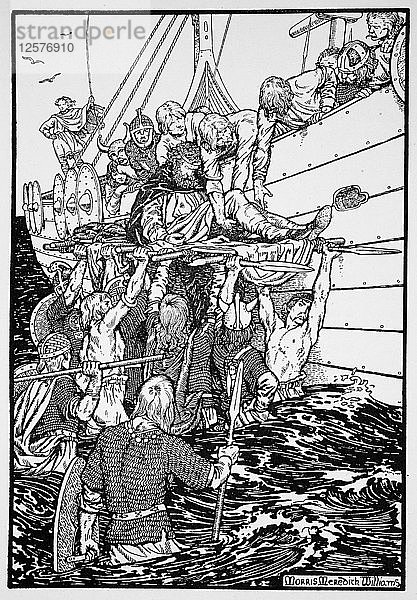 Der sterbende König Haakon wird zu seinem Schiff getragen  961 (1913). Künstler: Morris Meredith Williams