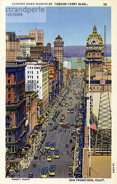 Market Street mit Blick auf das Ferry Building  San Francisco  Kalifornien  USA  1932. Künstler: Unbekannt