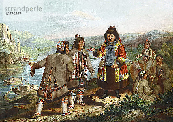 Jakuten am Fluss Lena  Sibirien  Russland  1862. Künstler: Anon