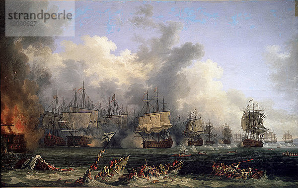 Der Untergang des russischen Schlachtschiffs St. Evstafius in der Seeschlacht von Chesma  1771. Künstler: Jacob Philip Hackert
