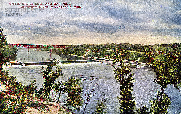 Schleuse und Damm Nr. 2 der Vereinigten Staaten  Mississippi  Minneapolis  Minnesota  USA  1910. Künstler: Unbekannt