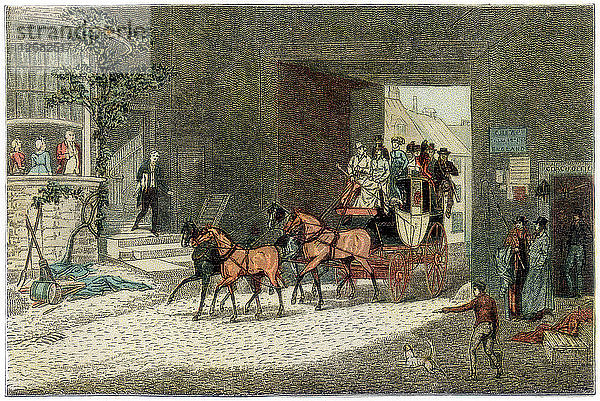 Kutsche bei der Ankunft im Hof eines Gasthauses  1890. Künstler: Unbekannt