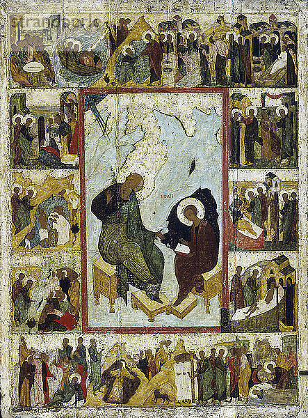 Der heilige Johannes der Evangelist auf Patmos mit Szenen aus seinem Leben  frühes 16. Jahrhundert.