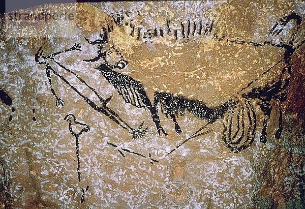 Paläolithische Höhlenmalerei eines Bisons und eines Menschen aus Lascaux. Künstler: Unbekannt
