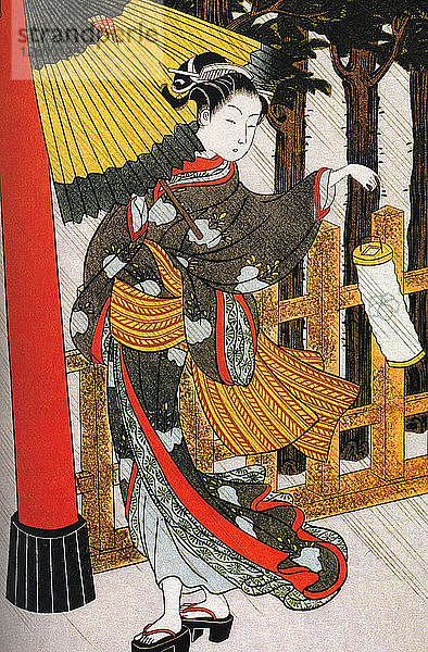 Mädchen auf dem Weg zum Shinto-Schrein in einer stürmischen Nacht  18. Jahrhundert.