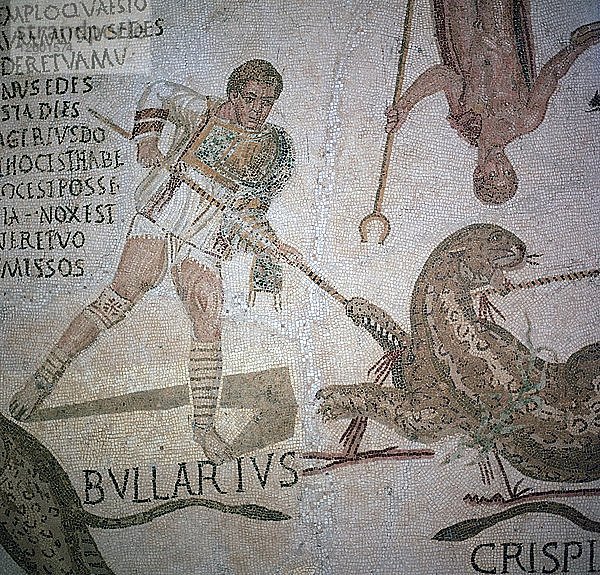 Römisches Mosaik mit Darstellern  die bei einem Spektakel einen Leoparden töten  3. Jahrhundert. Künstler: Unbekannt