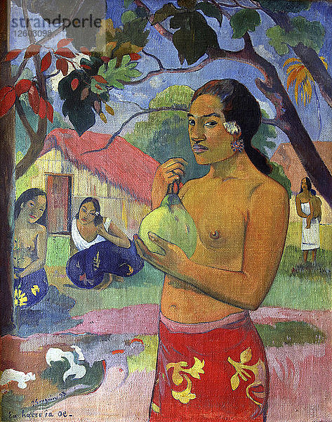 Eu haere ia oe (Frau  die eine Frucht hält: Wohin gehst du?)  1893. Künstler: Paul Gauguin