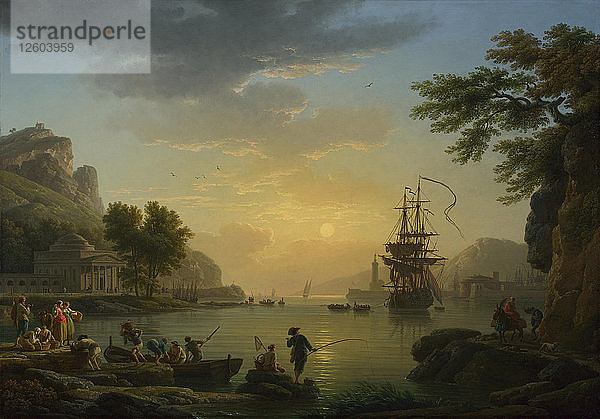 Eine Landschaft bei Sonnenuntergang mit Fischern  die mit ihrem Fang zurückkehren  1773. Künstler: Vernet  Claude Joseph (1714-1789)