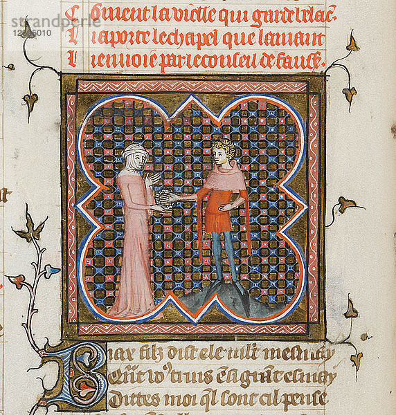 Miniatur aus einem Manuskript des Roman de la Rose von Guillaume de Lorris und Jean de Meun  1353. Künstler: Meister der Rosenromane (tätig in der zweiten Hälfte des 14. Jh.)