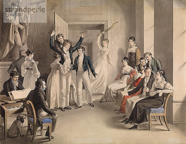 Franz Schubert (1797-1828). Festspiel der Schubertianer in Atzenbrugg  1821. Künstler: Kupelwieser  Leopold (1796-1862)
