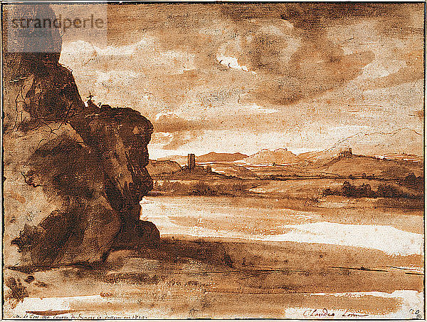 Tiberlandschaft nördlich von Rom mit dunklem  bewölktem Himmel  zwischen 1630 und 1640. Künstler: Lorrain  Claude (1600-1682)